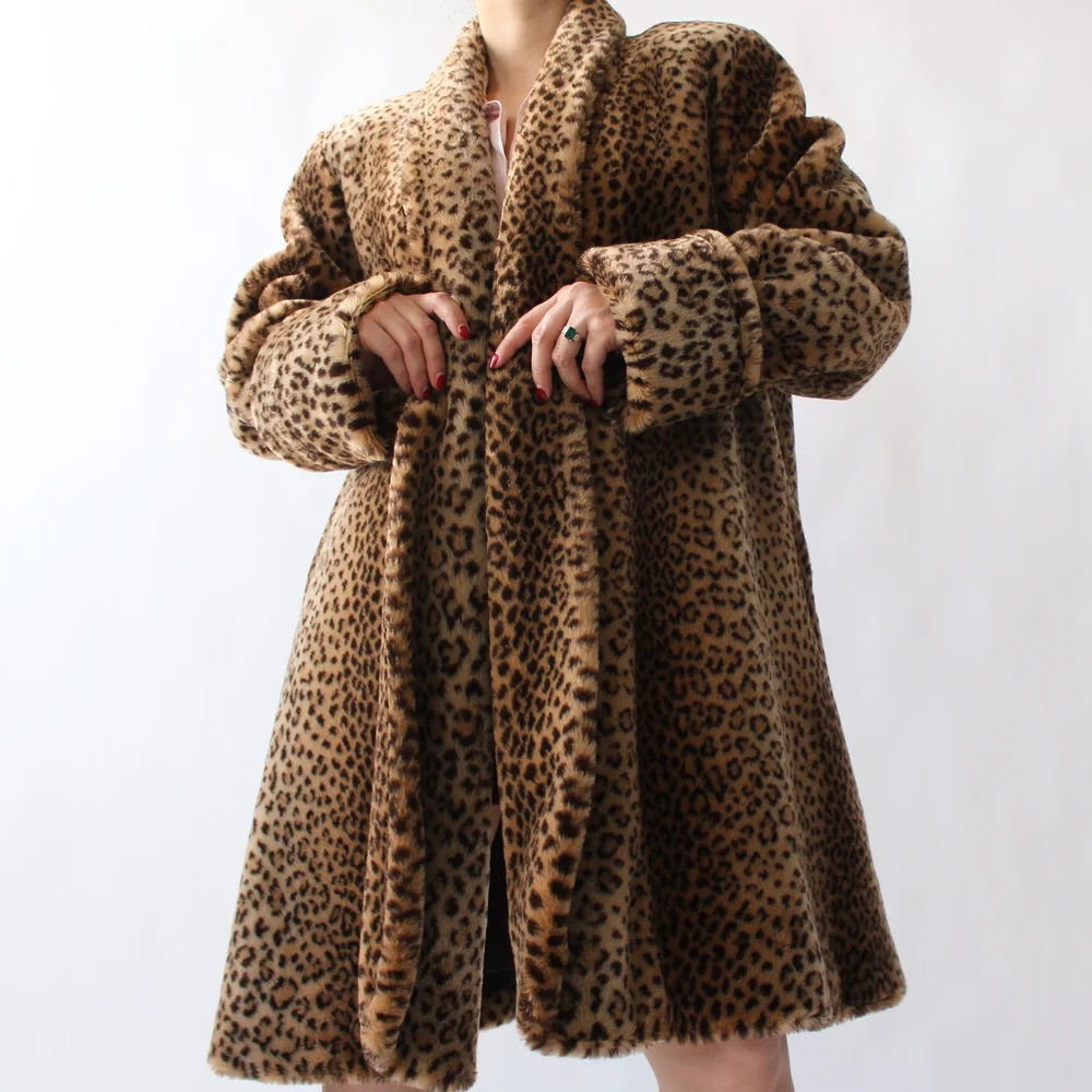 ジャケット・アウター vintage leopard design faux far jacket Vintage 60 Leopard Print Faux Fur & Vinyl Coat Jacket Union